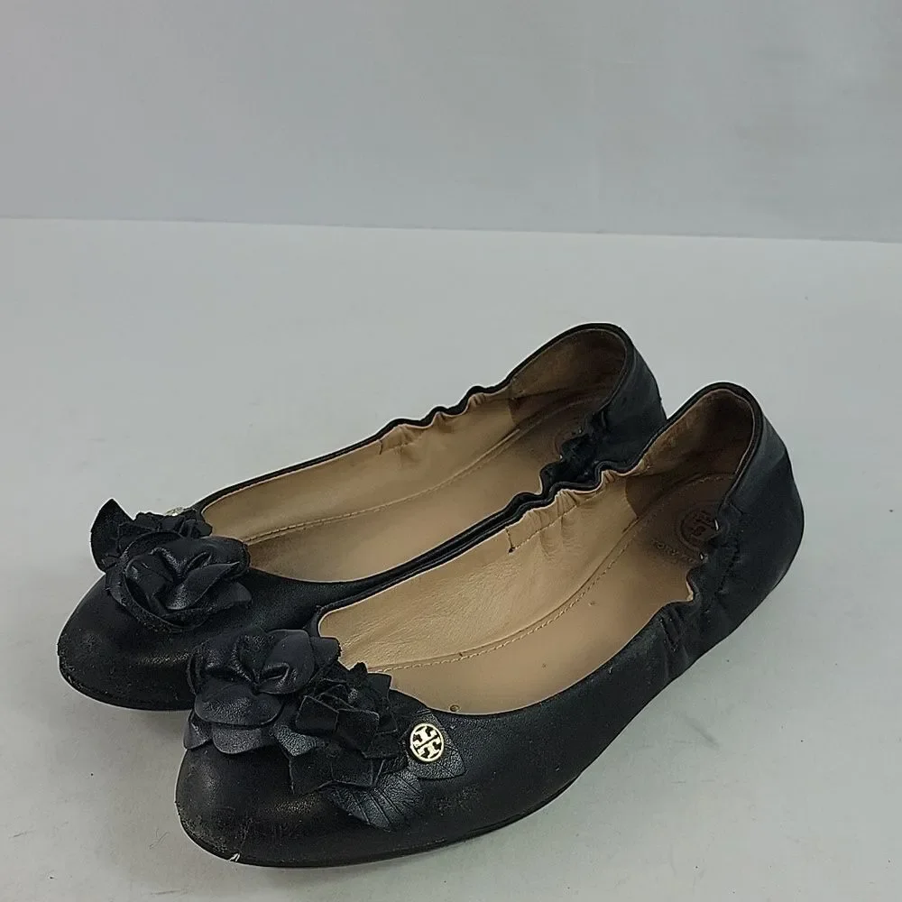Tory Burch Black‎ Leather Blossom Ballet Flats